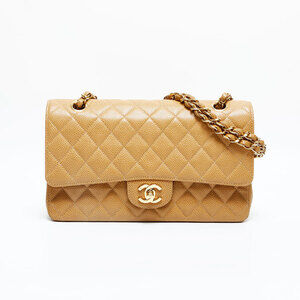 CHANEL Caviar Skin Double Flap Matelasse 25cm Chain Shoulder Bag, Beige, WS23068